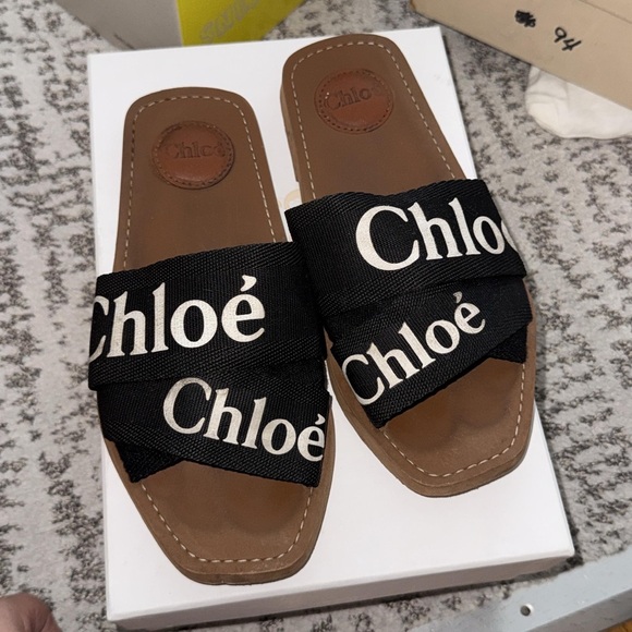 Chloe Shoes - Black Logo Canvas Slide Sandals